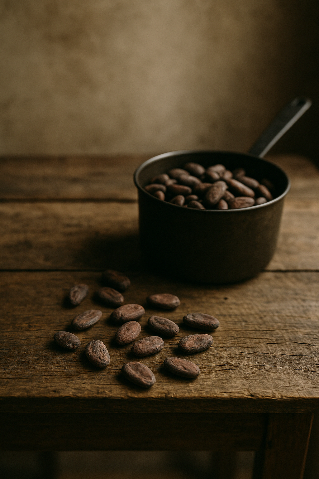 Cacao beans on rustic wood, symbolizing the ancestral roots and authenticity of Patisserie-Conseil’s chocolate.”