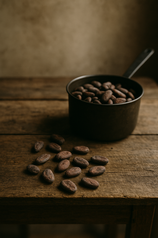 Cacao beans on rustic wood, symbolizing the ancestral roots and authenticity of Patisserie-Conseil’s chocolate.”