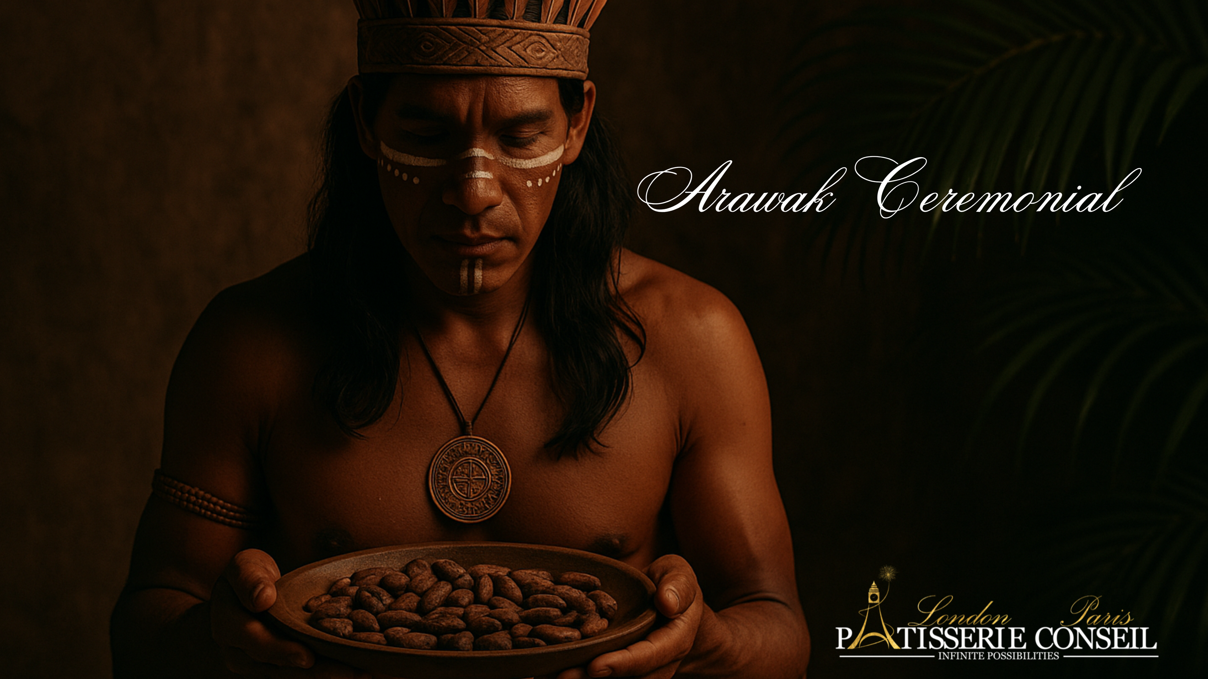 “Luxury artisanal chocolate inspired by Arawak ancestors, handmade by Patisserie-Conseil London, bean-to-bar vegan organic chocolate banner.”