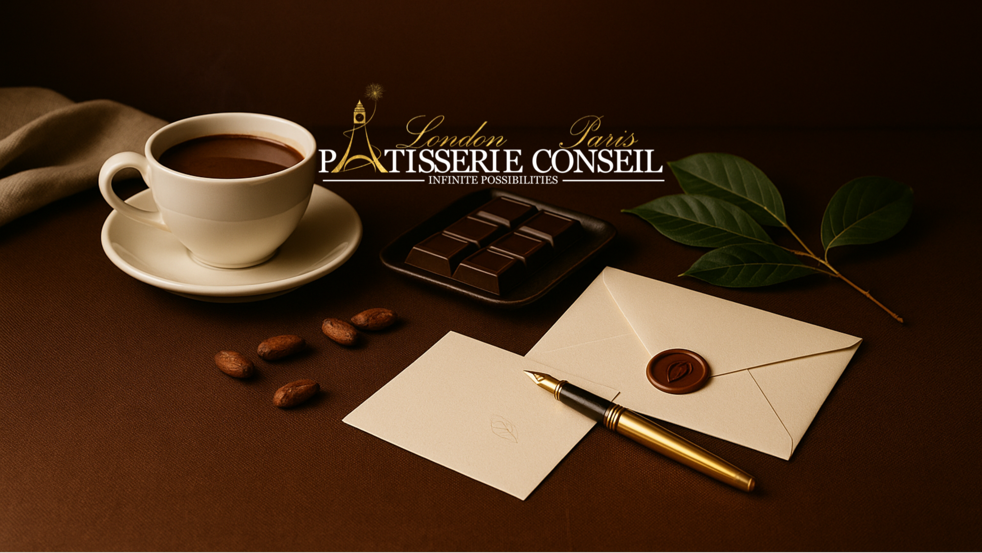 Contact Patisserie-Conseil London, warm coffee, cacao beans and letter; questions about orders, allergens or tastings.